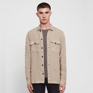 NEW Allsaints Penrose Shirt 100% Linen Long Sleeve Safari Beige spotter